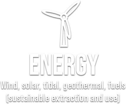 Icon of a windmill with test: ENERGY Wind, solar, tidal, geothermal, fuels (sustainable extraction and use)